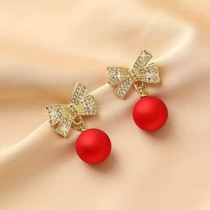 Red Bow Pearl Drop Earrings