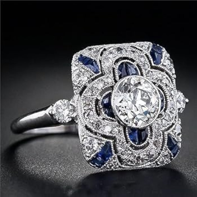 Vintage Blue White Crystal Ring