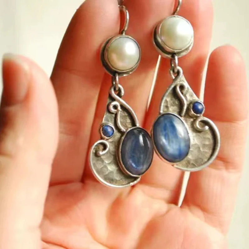 Vintage Blue Stone Pearl Earrings