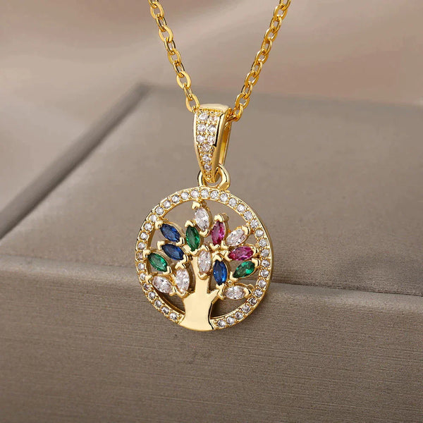 Tree of Life Pendant with Rainbow Stones in Gold
