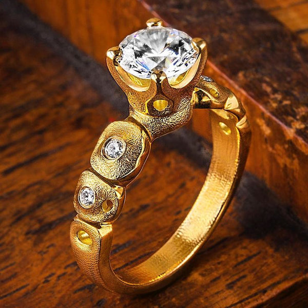 Vintage Inlaid White Crystal Gold Forged Ring