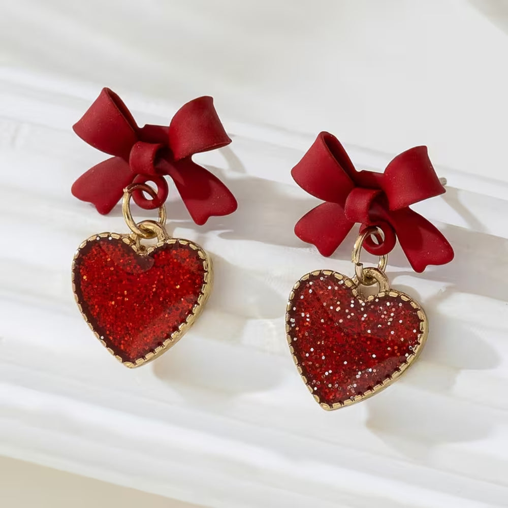 Red Bow Heart Drop Earrings