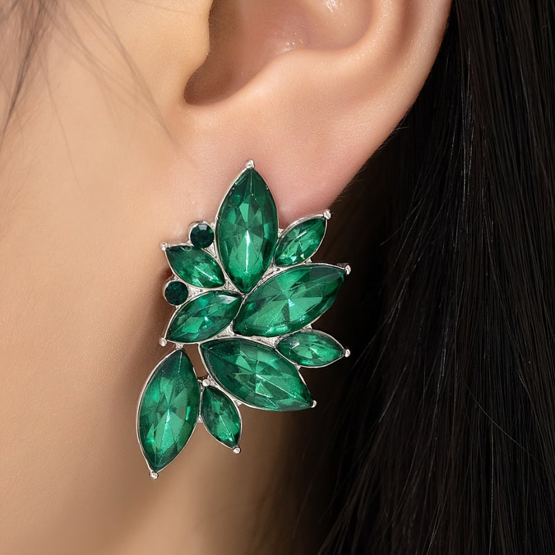 Emerald Leaf Cluster Stud Earrings
