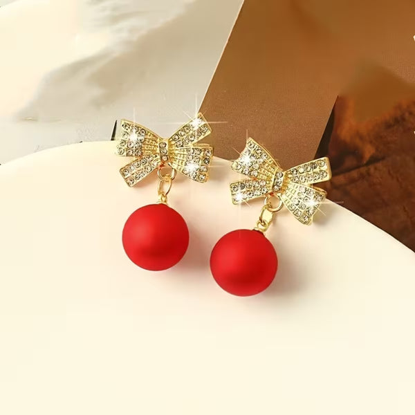 Red Bow Pearl Drop Earrings