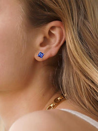 Minimalist Princess Cut Sapphire Stud Earrings | White Gold