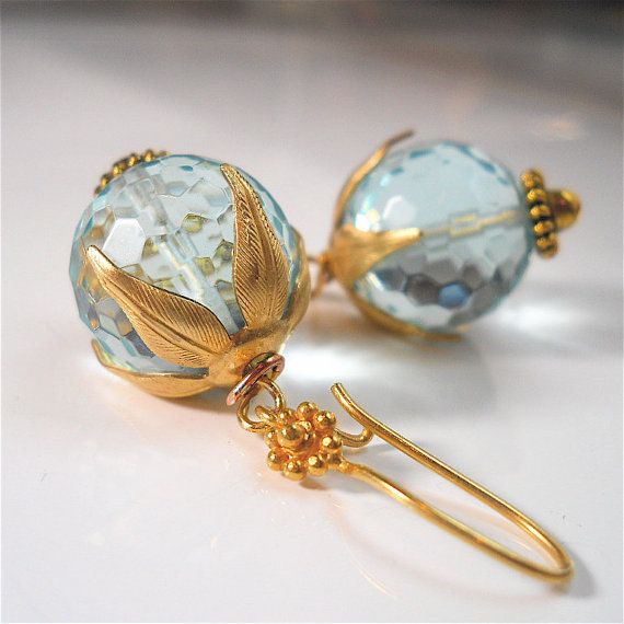 Vintage Blue Crystal Sphere Gold Earrings