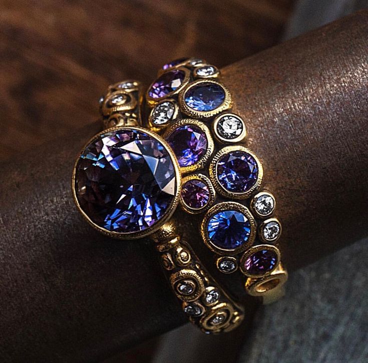 Vintage Blue & Violet Crystal Gold Ring Set