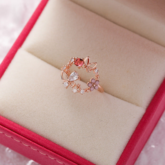 Adjustable Zirconia and Red Stone Ring in Gold