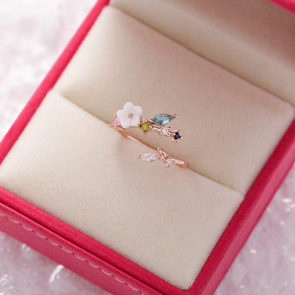 Adjustable Wildflower Ring with Precious Stones in Gold