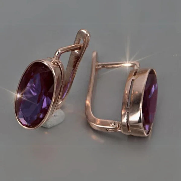 Rounded Purple Glass Gold Earrings