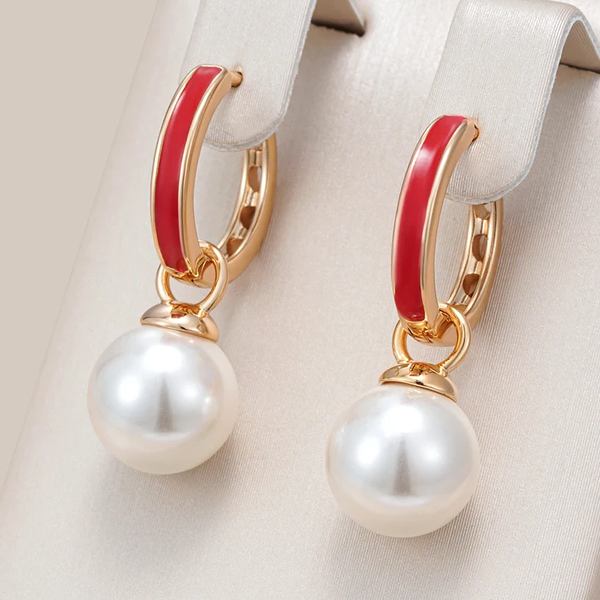 Elegant Red Enamel Pearl Earrings
