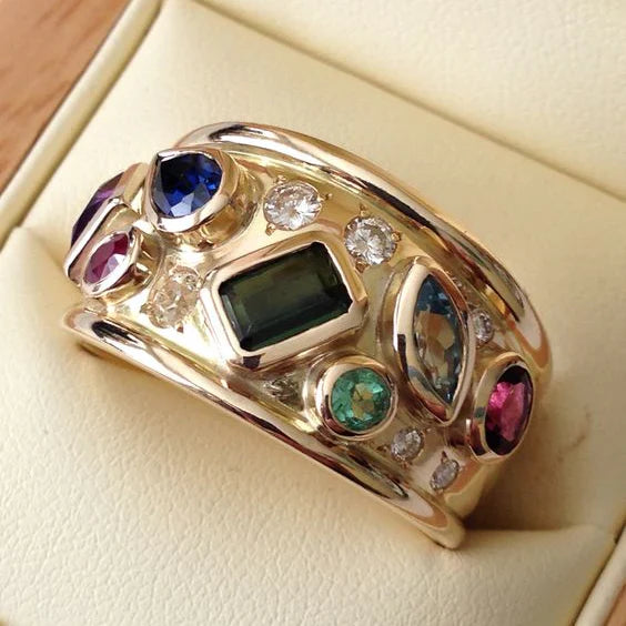 Vintage Colorful Inlaid Crystals Gold Ring