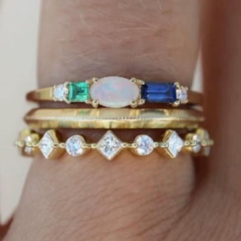 Vintage Green Blue Crystal & Opal Ring Set
